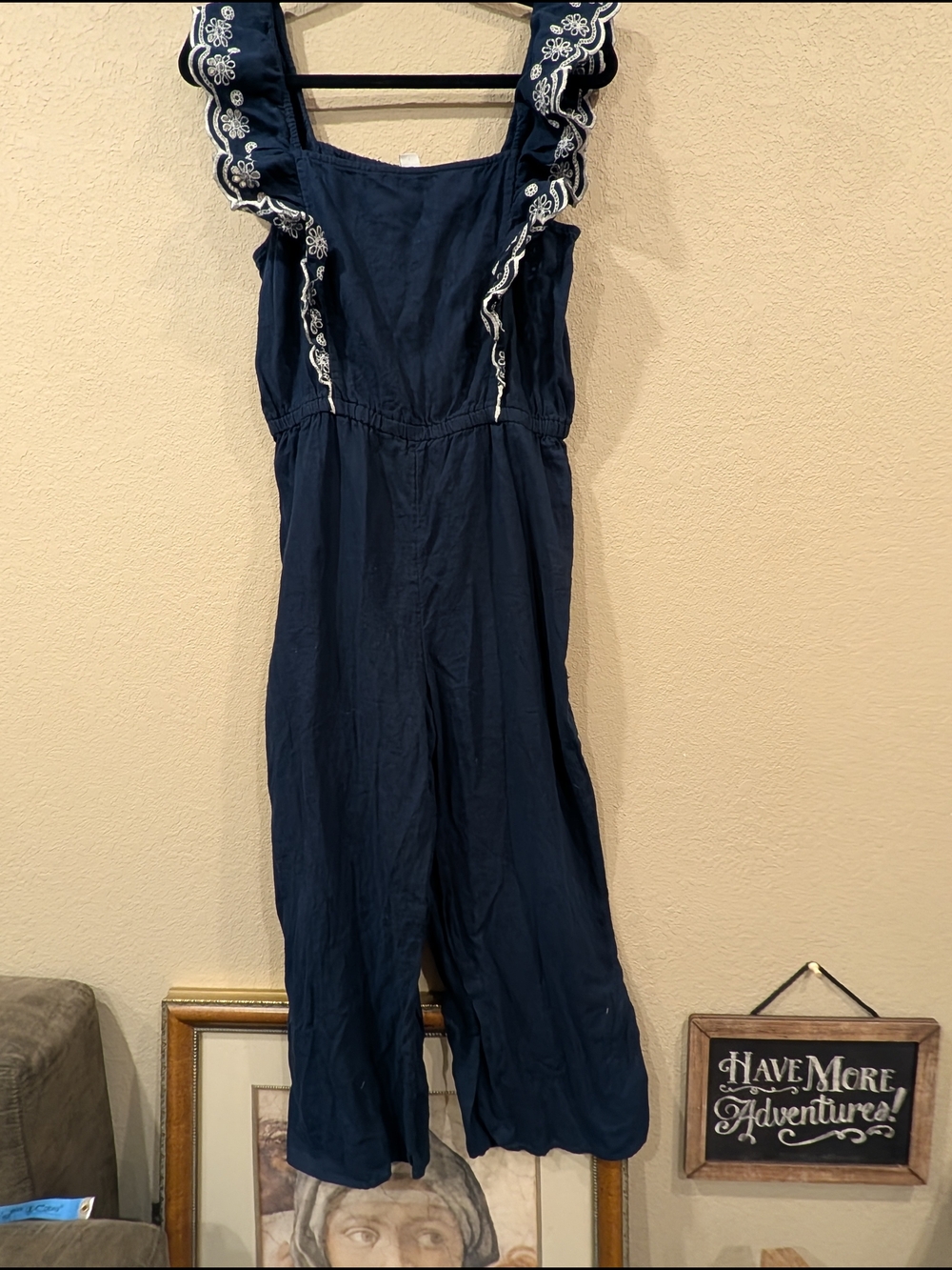 Old Navy Navy Blue Embroidered Ruffle Strap Jumpsuit